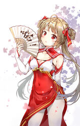  ahoge blush breasts brown_hair china_dress chinese_clothes cleavage clothing_cutout collarbone commentary_request dress elbow_gloves female folding_fan gloves hai_chi_(warship_girls_r) hair_ribbon hand_fan hand_fan_writing head_tilt highres holding holding_fan leaf light long_hair medium_breasts navel open_mouth paper_fan red_eyes ribbon shiny_skin shoulder_cutout shoulder_pads side_slit situmey solo warship_girls_r wind 