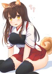  ? absurdres akagi_(kancolle) akagi_kai_ni_(kancolle) animal_ears between_legs black_socks blush breasts brown_eyes brown_hair commentary_request dog_ears dog_tail female fukuroumori hakama hakama_short_skirt hakama_skirt hand_between_legs highres japanese_clothes kantai_collection kemonomimi_mode large_breasts long_hair looking_at_viewer muneate open_mouth red_skirt ribbon-trimmed_sleeves ribbon_trim sidelocks simple_background sitting skirt socks solo tail thighhighs wariza white_background wide_sleeves 