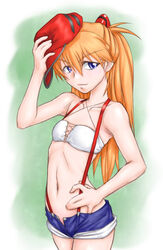  ^jj^ baseball_cap bikini bikini_top_only blue_eyes blue_shorts brown_hair collarbone commentary_request cowboy_shot criss-cross_halter female flat_chest hair_between_eyes hair_ornament halterneck hat holding holding_clothes holding_hat long_hair looking_at_viewer midriff navel neon_genesis_evangelion open_fly ponytail short_shorts shorts smile solo souryuu_asuka_langley standing stomach suspender_shorts suspenders swimsuit white_background white_bikini 