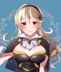  blonde_hair blue_background blush breasts cape cleavage collared_dress commentary corrin_(female)_(fire_emblem) corrin_(fire_emblem) dress female fire_emblem fire_emblem_fates hair_between_eyes looking_at_viewer medium_breasts nekolook parted_lips pointy_ears red_eyes symbol-only_commentary upper_body 