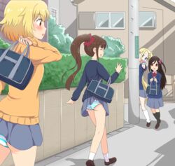  4girls accidental_exposure ass black_hair blonde_hair blue_eyes blush brown_hair closed_eyes clothes_lift commentary_request day flower grey_skirt hair_flower hair_ornament hitori_bocchi hitoribocchi_no_marumaru_seikatsu honshou_aru long_hair miniskirt multiple_girls open_mouth orange_eyes outdoors panties pantyshot picolette_xiii ponytail red_eyes school_uniform short_hair skirt skirt_lift smile sotoka_rakita standing striped_clothes striped_panties sunao_nako sweater underwear 