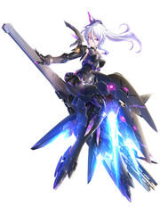  alice_gear_aegis armor asymmetrical_bangs cannon chloe_legrand commentary_request covered_navel female full_body hair_between_eyes hair_ornament hand_on_weapon highres looking_at_viewer mecha_musume plantar_flexion purple_eyes shiny_clothes side_ponytail skin_tight solo takamaru_(taka1220) thrusters white_background white_hair 