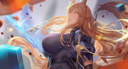  animal_ear_fluff animal_ears arknights blonde_hair blood blood_splatter blurry blurry_background breasts chinese_commentary commentary_request female fox_ears fox_tail franka_(arknights) id_card large_breasts long_hair looking_at_viewer parted_lips photoshop_(medium) puffy_short_sleeves puffy_sleeves saber_01 short_sleeves solo tail upper_body yellow_eyes 