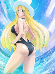  backless_swimsuit bad_id bad_pixiv_id black_one-piece_swimsuit blonde_hair breasts capcom cloud commentary_request day earrings female from_behind green_eyes hat highres jewelry kalinka_cossack_(mega_man) large_breasts long_hair looking_at_viewer looking_back mega_man_(series) one-piece_swimsuit rockman_xover saikoraru sideboob sky smile solo summer sun_hat swimsuit swimsuit_tug wading water 