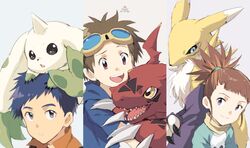  2boys bad_id bad_pixiv_id blue_hair brown_eyes brown_hair closed_mouth commentary digimon digimon_(creature) digimon_tamers digital_hazard female goggles goggles_on_head guilmon highres lee_jianliang looking_at_viewer makino_ruki matsuda_takato multiple_boys on_head open_mouth renamon short_hair simple_background smile takase_(takase1214) terriermon 