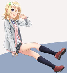  ;d abe_kanari black_socks blonde_hair bow bowtie brown_footwear cardigan commentary_request female full_body grey_jacket grey_skirt hairband high_school_fleet jacket kneehighs loafers looking_at_viewer one_eye_closed open_mouth photoshop_(medium) pink_cardigan plaid plaid_skirt purple_eyes school_uniform shirt shoes sitting skirt smile socks solo v wakasa_reo white_hairband white_shirt yokosuka_girls_marine_high_school_uniform 