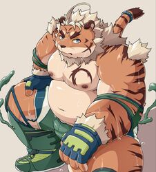  2019 anthro belly biped blue_eyes bodily_fluids bottomwear clothing felid hi_res hombre_tigre_(tas) humanoid_hands lifewonders male mammal moobs navel nipples overweight overweight_anthro overweight_male pantherine pomupomu490 shorts simple_background sitting solo sweat tiger tokyo_afterschool_summoners wrestling 