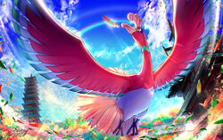  animal_focus artist_name bird blue_sky canata_katana cloud commentary_request day feathers from_below ho-oh leaf no_humans outdoors pokemon pokemon_(creature) rainbow red_eyes sky 