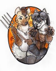  anthro breasts canid canine canis clothed clothing costume duo female fully_clothed halloween holidays hyena male mammal pitchfork shiverz spotted_hyena tools wolf 