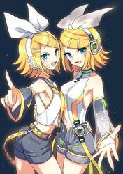  2girls akiyoshi_(tama-pete) arched_back armpits bare_shoulders belt black_shorts black_sleeves blonde_hair blue_eyes bow breasts choker clothing_cutout commentary crop_top detached_sleeves dual_persona hair_ornament hairbow hairclip hand_on_another&#039;s_back hand_on_another&#039;s_hip hand_on_own_hip headphones headset index_finger_raised kagamine_rin kagamine_rin_(append) light_blush looking_at_viewer medium_breasts microphone midriff multiple_girls nail_polish navel navel_cutout neckerchief oerba_yun_fang outstretched_hand see-through shirt short_hair shorts shoulder_blush side-by-side sideboob sleeveless sleeveless_shirt smile transparent_bow treble_clef upper_body vocaloid vocaloid_append white_bow white_shirt yellow_belt yellow_nails yellow_neckerchief 