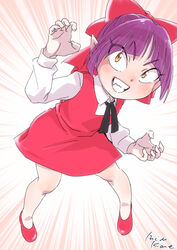  bow cat_girl commentary_request dress female gegege_no_kitarou hairbow looking_at_viewer mizu_kane nekomusume open_mouth pointy_ears purple_hair red_bow red_dress short_hair solo yellow_eyes 