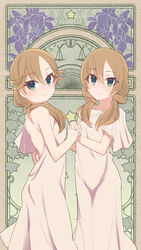  2girls alice_gear_aegis balance_scale_print bare_shoulders blush breasts brown_hair closed_mouth collarbone commentary_request dress floral_print flower green_eyes grey_dress hair_between_eyes hair_over_shoulder highres holding_hands interlocked_fingers iris_print kotomura_akane kotomura_amane low_twintails maze_(gochama_ze_gohan) multiple_girls photoshop_(medium) purple_flower small_breasts smile star_(symbol) twintails weighing_scale 