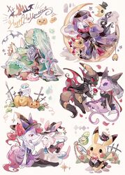  alternate_color animal_ear_fluff braixen budew bush chingling clothed_pokemon coco7 commentary espeon fence flower happy_halloween hat heart litwick lunatone pikachu pocket_watch pokemon pokemon_(creature) pumpkin red_flower shiny_pokemon sitting sylveon symbol-only_commentary tombstone torterra umbreon unworn_hat unworn_headwear veil watch white_background witch_hat 