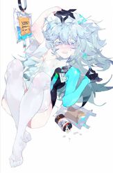  bad_id bad_twitter_id blue_eyes blue_hair commentary_request dripping drugs female florence_(neural_cloud) full_body girls&#039;_frontline girls&#039;_frontline_neural_cloud gloves hair_between_eyes hat highres id_card intravenous_drip long_hair lying messy_hair no_shoes nurse_cap on_back pa-15_(girls&#039;_frontline) pill pill_bottle rairyu_(samurai996007) saliva sharp_teeth simple_background solo teeth thighhighs white_background 