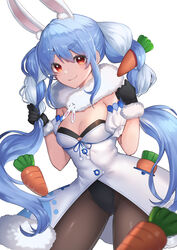  animal_ear_fluff animal_ears black_gloves black_leotard blue_hair braid breasts brown_pantyhose carrot_hair_ornament cleavage closed_mouth commentary don-chan_(usada_pekora) dress female food-themed_hair_ornament fur-trimmed_dress fur-trimmed_gloves fur_trim gloves hair_between_eyes hair_ornament hands_up highres hololive kgr leotard long_hair multicolored_hair pantyhose rabbit_ears red_eyes short_eyebrows simple_background small_breasts smile solo strapless strapless_dress strapless_leotard thick_eyebrows twin_braids twintails two-tone_hair usada_pekora usada_pekora_(1st_costume) very_long_hair virtual_youtuber white_background white_dress white_hair 