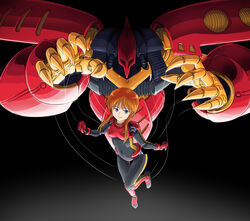  black_background clenched_hands covered_navel female gloves gundam gundam_zz highres looking_at_viewer mecha mobile_suit niiyan normal_suit open_hands orange_hair pilot_suit puppet_strings purple_eyes puru_two qubeley_mk_ii red_gloves robot science_fiction short_hair_with_long_locks skin_tight smile 