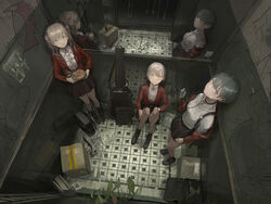  3girls blindfold brown_hair character_request different_reflection digital_media_player earphones elevator grey_hair guitar_case highres horror_(theme) instrument_case ipod knife looking_at_another magic_circle missing_poster multiple_girls paindude plant reflection scenery school_uniform scissors scp-2317 scp_foundation short_hair twintails white_hair 