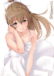  alternate_costume aqua_eyes bare_arms bare_shoulders blush brown_hair collarbone commentary_request dress duplicate ebifurya female hair_between_eyes highres kantai_collection kumano_(kancolle) long_hair pixel-perfect_duplicate ponytail simple_background sleeveless sleeveless_dress smile solo sundress twitter_username white_background white_dress 