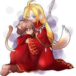  2boys ahat_(ragnarok_online) ahoge animal_collar animal_ear_fluff animal_ears blonde_hair blue_eyes blue_shirt blush boots brown_eyes brown_footwear brown_hair brown_pants cat_boy cat_ears cat_tail chains cheshire_(ragnarok_online) cloak collar commentary_request dog_boy dog_ears dog_tail full_body hair_between_eyes kemonomimi_mode kneeling long_hair looking_at_viewer male_focus manoji medium_hair multiple_boys open_mouth pants ragnarok_online red_cloak red_robe robe shirt tail 