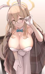  absurdres adjusting_eyewear akane_(blue_archive) akane_(bunny)_(blue_archive) animal_ears aoi_mochio blanket blue_archive breasts brown_eyes brown_hair cleavage commentary cowboy_shot fake_animal_ears female glasses gloves hair_between_eyes halo hand_on_eyewear highres large_breasts leotard looking_at_viewer official_alternate_costume pantyhose plaid_blanket playboy_bunny rabbit_ears solo strapless strapless_leotard white_gloves white_leotard white_pantyhose 