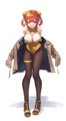  absurdres bare_shoulders breasts brown_jacket brown_pantyhose bun_cover cleavage double_bun female full_body hair_bun hair_rings high_heels highres jacket large_breasts leaning_forward legs leotard leviathan_(hikinito0902) long_hair long_sleeves looking_at_viewer off_shoulder open_clothes open_jacket orange_eyes orange_hair original pantyhose shoes sidelocks simple_background skindentation smile solo standing thigh_strap twintails white_background yellow_footwear yellow_leotard 