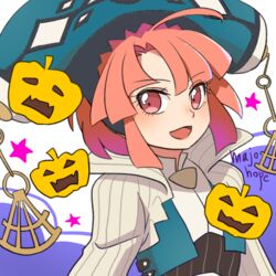  ahoge blush_stickers coat dewprism female hat jack-o&#039;-lantern looking_at_viewer majohope maya_(dewprism) medium_hair open_mouth pumpkin red_eyes red_hair smile solo v-shaped_eyebrows 