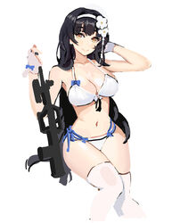  assault_rifle bikini black_hair bra breasts brown_eyes bullpup cleavage closed_mouth feet_out_of_frame female flower girls&#039;_frontline gloves gun hair_flower hair_ornament hairband hand_in_own_hair highres holding holding_gun holding_weapon jonbur_man korean_commentary long_hair looking_at_viewer medium_breasts navel official_alternate_costume panties qbz-95 rifle sitting smile solo swimsuit thighhighs type_95_(girls&#039;_frontline) type_95_(summer_cicada)_(girls&#039;_frontline) underwear weapon white_background white_bikini white_bra white_gloves white_hairband white_panties white_thighhighs 