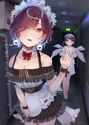  2girls absurdres alley angel_wings apron bare_shoulders barefoot black_hair bow bowtie breasts brown_hair cleavage commentary detached_collar dress earrings fangs flower frilled_skirt frills fukumaru_koito ghost_earrings hair_flower hair_ornament hair_over_one_eye hairclip halloween head_scarf highres higuchi_madoka holding holding_tray idolmaster idolmaster_shiny_colors jewelry looking_at_viewer maid_headdress medium_breasts miniskirt mole mole_under_eye multiple_girls off-shoulder_dress off_shoulder purple_eyes red_bow red_bowtie red_eyes saliva short_hair skin_fangs skirt tray twintails uouokuma waitress white_dress wings wrist_cuffs x_hair_ornament 