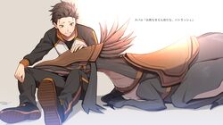  1boy black_hair brown_hair check_translation closed_eyes dragon hair_slicked_back headpat kumuo_(mirakurufusao) long_sleeves male_focus natsuki_subaru open_mouth patrasche_(re:zero) re:zero_kara_hajimeru_isekai_seikatsu saddle short_hair sitting smile track_suit translation_request 