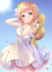  absurdres adjusting_hair bare_arms blue_sky blush bow breasts brown_eyes commentary dress female flower hair_flower hair_ornament hairbow hat hat_ribbon highres idolmaster idolmaster_shiny_colors light_brown_hair light_rays long_hair looking_at_viewer medium_breasts open_mouth petals poe_(528yuzunon) ribbon sakuragi_mano sky solo spaghetti_strap sun sundress swept_bangs white_dress 