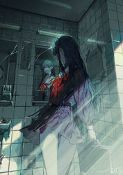  absurdres bathroom black_hair black_serafuku bow bowtie commentary crack cracked_glass dated female highres holding holding_suitcase indoors light_rays lipstick long_hair long_sleeves makeup mirror original pale_skin red_bow red_bowtie red_lips reflection rolua school_uniform serafuku signature sink skirt solo suitcase tile_wall tiles 