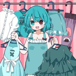  absurdres blue_bow blue_dress blue_eyes blue_hair blue_skirt blue_vest bow commentary dress female happy heterochromia highres juliet_sleeves long_sleeves open_mouth puffy_sleeves red_bow red_eyes salt_(seasoning) shirt short_hair skirt solo tatara_kogasa touhou umbrella vest white_shirt 