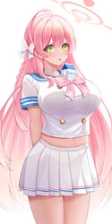  :o arms_behind_back blue_archive blue_sailor_collar bow bowtie breasts bubble_tea_challenge cowboy_shot drinking_straw female green_eyes hairbow halo hanako_(blue_archive) highres large_breasts liu_liaoliao long_hair looking_at_viewer midriff milk_carton miniskirt navel object_on_breast pink_bow pink_bowtie pink_hair pleated_skirt sailor_collar school_uniform serafuku simple_background skirt solo very_long_hair white_background white_bow white_skirt 