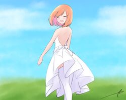  :d ^_^ backless_dress backless_outfit bare_arms bare_shoulders blue_sky blush closed_eyes cloud commentary day dress eyebrows_hidden_by_hair facing_viewer feet_out_of_frame female from_behind go-toubun_no_hanayome green_ribbons highres kujou_karasuma nakano_yotsuba open_mouth orange_hair outdoors pleated_dress ribbon signature sky smile solo symbol-only_commentary thighhighs white_dress white_thighhighs 