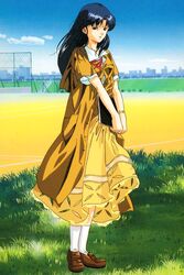  1990s_(style) blue_eyes blue_hair brown_footwear day dress female fujiwara_aya full_body highres holding holding_notebook loafers long_dress long_hair non-web_source notebook official_art outdoors retro_artstyle scan shoes short_sleeves solo standing super_real_mahjong tanaka_ryou v_arms white_legwear wristband 