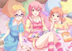  3girls :d bag_of_chips black-framed_eyewear blonde_hair blue_dress blush breasts brown_eyes brown_hair collarbone commentary_request dress e20 feet_out_of_frame glasses green_scrunchie hair_between_eyes idolmaster idolmaster_cinderella_girls jacket jougasaki_mika kiryu_tsukasa_(idolmaster) komatsu_ibuki long_hair low_twintails magazine_(object) multiple_girls off-shoulder_shirt off_shoulder on_bed open_clothes open_jacket open_mouth pillow pink_hair purple_eyes scrunchie shirt short_shorts short_sleeves shorts small_breasts smile socks star-shaped_pillow striped_clothes striped_socks twintails wrist_scrunchie yellow_jacket yellow_shirt yellow_shorts 