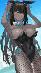  animal_ears armpits bad_id bad_twitter_id bare_shoulders black_hair black_leotard blue_archive blue_bow blue_sky bow bowtie breasts building cleavage closed_mouth commentary_request cowboy_shot dark-skinned_female dark_skin detached_collar dutch_angle female fishnet_pantyhose fishnets gloves grass high_ponytail highres jewelry karin_(blue_archive) karin_(bunny)_(blue_archive) large_breasts leotard long_hair looking_at_viewer official_alternate_costume pantyhose playboy_bunny rabbit_ears rabbit_pose rabbit_tail sidelocks sky solo strapless strapless_leotard subachi tail traditional_bowtie very_long_hair white_gloves wrist_cuffs yellow_eyes 