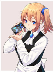  apron black_dress black_vest blonde_hair blue_eyes blue_scrunchie breasts closed_mouth collared_shirt commentary_request dress female hair_between_eyes hair_ornament hair_scrunchie hayasaka_ai highres holding holding_phone jewelry kaguya-sama_wa_kokurasetai_~tensai-tachi_no_renai_zunousen~ long_sleeves looking_at_viewer maid medium_hair mikan_(chipstar182) phone scrunchie shirt side_ponytail simple_background solo striped vest white_shirt 