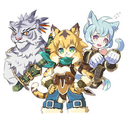  1boy 2girls :3 ahoge animal_ear_fluff animal_ears animal_nose aqua_scarf arm_pouch arm_warmers armband bandana bare_shoulders belt belt_pouch blonde_hair blue_hair blue_shorts body_fur breasts brown_fur brown_hair brown_leotard brown_panties cat_ears cat_girl cat_tail claws clenched_hands closed_mouth collarbone colored_sclera commentary corset cowboy_shot cropped_legs cropped_torso crotchless flying_sweatdrops fur-trimmed_arm_warmers fur-trimmed_shorts fur_trim furry furry_female furry_male gloves green_eyes grey_fur grey_hair hair_ribbon hands_up happy highres hip_vent holding holding_knife knife leotard looking_at_viewer medium_hair mew_(world_flipper) mia_(world_flipper) multiple_girls muscular muscular_male nervous nimbus_(world_flipper) open_mouth orange_eyes orange_ribbon panties paw_pose pectorals pouch ribbon rope scarf shirt short_hair short_shorts shorts shoulder_pads sidelocks simple_background single_shoulder_pad sleeveless sleeveless_shirt small_breasts smile snout strap striped_fur striped_tail taedu tail throwing_knife tiger_ears tiger_girl tiger_tail topknot underwear upper_body vambraces weapon white_background white_fur white_gloves white_hair white_shirt world_flipper yellow_eyes yellow_fur yellow_sclera 