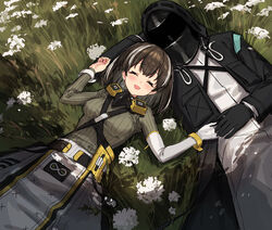  1other arknights bird_mask black_coat black_gloves blush breasts brown_hair cameo charm_(object) closed_eyes clothes_around_waist coat commentary covered_face cowboy_shot day doctor_(arknights) earrings emperor_(arknights) female flower from_above gloves grass grey_sweater happy highres holding_hands hood hood_up hooded_coat jewelry lantern long_sleeves looking_at_viewer lying magallan_(arknights) magallan_(elite_ii)_(arknights) mask mask_around_neck medium_breasts multicolored_hair on_back open_mouth outdoors rhine_lab_logo ribbed_sweater short_hair sigm@ single_earring single_glove smile strap streaked_hair sweater symbol-only_commentary turtleneck turtleneck_sweater two-tone_hair white_gloves white_hair wristband 