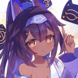  animal_ears artist_name blue_hairband blue_scrunchie blush breasts cleavage commentary_request dark-skinned_female dark_skin fake_animal_ears female floating floating_object frilled_kimono frilled_sleeves frills hair_ornament hair_scrunchie hairband hairclip hand_up high_ponytail index_finger_raised japanese_clothes kimono light_particles long_hair long_sleeves looking_at_viewer nephtim_(world_flipper) off_shoulder official_alternate_costume open_mouth orange_eyes osakilo purple_hair purple_kimono scrunchie sidelocks signature small_breasts solo white_background world_flipper 