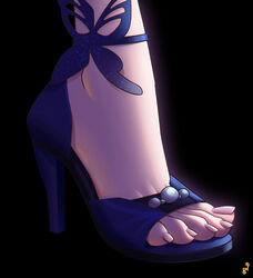  absurdres artist_logo black_background blue_footwear english_commentary feet feet_only female foot_focus genshin_impact high_heels highres mohoshadream nail_polish ningguang_(genshin_impact) ningguang_(orchid&#039;s_evening_gown)_(genshin_impact) official_alternate_costume out_of_frame pink_nails sandals shadow simple_background solo strappy_heels toenail_polish toenails toes 