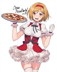  :d alternate_costume bad_id bad_twitter_id blonde_hair brown_eyes clenched_hand commentary djeeta_(granblue_fantasy) dress english_commentary english_text female food gloves granblue_fantasy hairband holding holding_food looking_at_viewer margherita_pizza nagu name_tag open_mouth pizza red_hairband short_hair simple_background smile solo thighhighs waitress white_background white_dress white_gloves white_thighhighs 