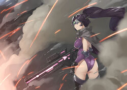  ass boots breasts cloak commentary_request cowboy_shot female from_behind girls&#039;_frontline gloves gun head-mounted_display headgear holding holding_gun holding_weapon jaeger_(girls&#039;_frontline) large_breasts leotard long_hair ponytail purple_hair purple_leotard rifle sangvis_ferri science_fiction smoke sniper_rifle solo thigh_boots thighhighs twin_(tt_lsh) weapon 