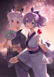  2girls alternate_costume animal_ears azur_lane bag blue_eyes blurry blush bokeh breasts candy_apple commentary cowboy_shot depth_of_field fireworks fireworks_print fish floral_print flower food goldfish hair_between_eyes hair_flower hair_ornament hairclip half_updo hand_fan highres holding holding_fan holding_hands interlocked_fingers japanese_clothes javelin_(azur_lane) kimono laffey_(azur_lane) looking_at_viewer medium_breasts medium_hair multiple_girls night night_sky obi obijime ocean open_mouth outdoors paper_fan plastic_bag ponytail purple_hair purple_kimono red_eyes sash short_hair sky smile standing summer_festival uchiwa white_hair yayako_(804907150) yukata 