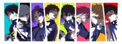  6+boys absurdres bachira_meguru barou_shouei black_hair blue_lock border chigiri_hyoma commentary_request highres isagi_yoichi itoshi_rin kunigami_rensuke mikage_reo multiple_boys nagi_seishirou orange_hair pink_eyes pink_hair purple_hair red_hair soccer_uniform sportswear sweat sweatdrop toramaru_(696anna) white_border white_hair 