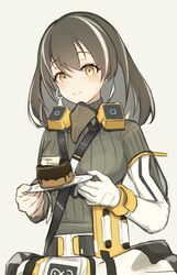  aoi_mochio arknights braid breasts brown_hair cake commentary earrings female food gloves green_sweater grey_background happy_birthday highres holding holding_plate jewelry large_breasts light_blush looking_at_viewer magallan_(arknights) magallan_(elite_ii)_(arknights) mask mask_around_neck medium_hair multicolored_hair plate rhine_lab_logo ribbed_sweater simple_background single_braid single_earring smile solo split_mouth streaked_hair sweater symbol-only_commentary upper_body white_gloves white_hair yellow_eyes 