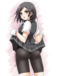  akimoto_dai artist_name ass bike_shorts black_hair black_skirt black_vest clothes_lift commentary_request cowboy_shot dated female from_behind gloves green_eyes hair_ornament hairclip highres kantai_collection kuroshio_(kancolle) kuroshio_kai_ni_(kancolle) lifting_own_clothes looking_at_viewer looking_back one-hour_drawing_challenge pleated_skirt school_uniform shirt short_hair short_sleeves shorts shorts_under_skirt skirt skirt_lift solo standing vest white_background white_gloves white_shirt 