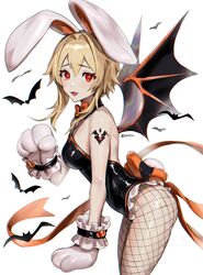  alternate_costume alternate_eye_color animal_ears arm_tattoo bad_id bad_twitter_id bat_(animal) bat_wings blonde_hair blush bow bowtie breasts english_commentary fake_animal_ears female fishnet_pantyhose fishnets genshin_impact heart heart-shaped_pupils highres looking_at_viewer lumine_(genshin_impact) medium_breasts medium_hair oerba_yun_fang open_mouth orange_bow orange_bowtie orange_ribbon pantyhose playboy_bunny rabbit_ears rabbit_paws rabbit_tail red_eyes ribbon saiyone sidelocks simple_background solo symbol-shaped_pupils tail tattoo thighs twitter_username white_background wings wrist_cuffs 