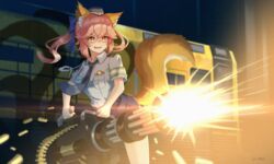  ammunition_belt animal_ear_fluff animal_ears blue_ribbon blue_shirt breasts bullet car commentary commission english_commentary fate/extella fate/extella_link fate/extra fate_(series) female female_service_cap firing fox_ears fox_girl fox_tail gatling_gun gun hair_ribbon hat highres jl_tan large_breasts looking_away machine_gun minigun motor_vehicle necktie official_alternate_costume open_mouth pink_hair police police_badge police_hat police_uniform policewoman resident_evil ribbon shirt solo tail tamamo_(fate) tamamo_no_mae_(fate/extra) tamamo_no_mae_(police_fox)_(fate) uniform weapon yellow_eyes 